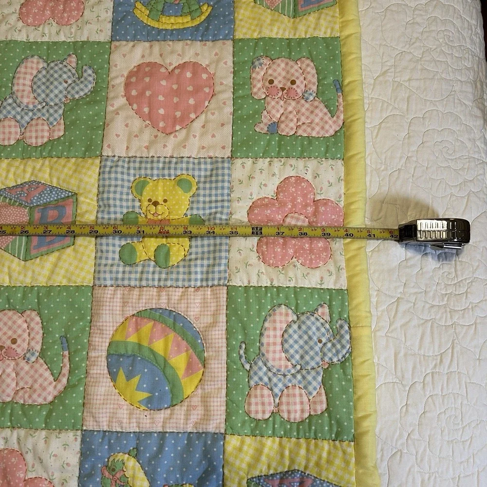 VTG Baby Blanket Pastel Animals Toys Flower Hand Stitched Quilted 80s Nursery
